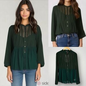 Miss Me | Embroidered Beaded Blouse Pleated Button Up Henley Babydoll